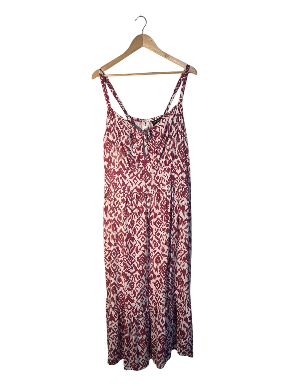 Lane Bryant Size 16 Boho Maxi Dress Burgundy White Ikat Print Pockets 100% Visco